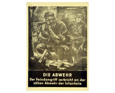 Original vintage Nazi World War Two recruitment propaganda poster titled Die Abwehr / The Defence. Text reads: der Feindangri