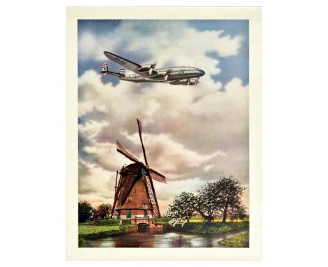 Original vintage travel poster for KLM featuring a photograph of a KLM Lockheed Constellation plane flying through a cloudy s