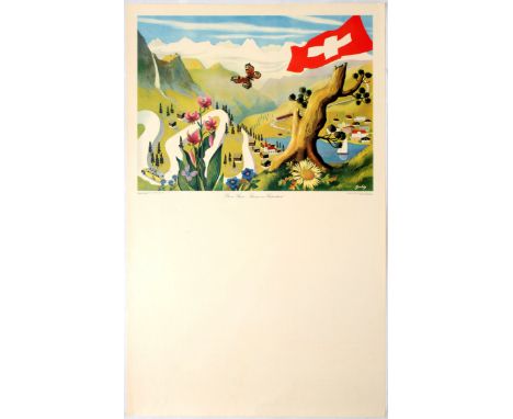 Original vintage advertising poster Summer in Switzerland. Good condition, small tears and creases on margins, tear on the ri