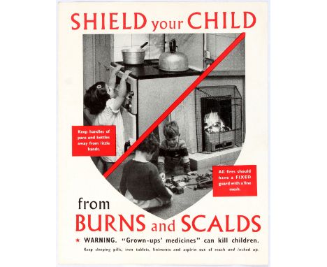 Original vintage medical health propaganda poster showing young children near burn hazards. Shield your Child from Burns and 