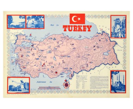 Original vintage illustrated map poster of Turkey including the surrounding areas of the USSR, Iran, Iraq, Syria, Bulgaria, G