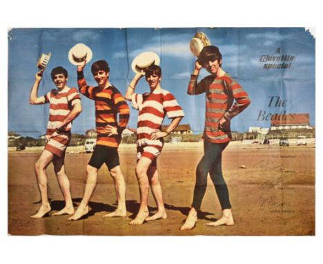 Original vintage advertising poster for The Beatles issued by the fanclub of the band.  Printed signatures of all the members
