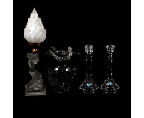 A pair of Tiffany &amp; Co crystal candlesticks, with original stickers, 24cm; a n Art Deco style frosted glass figural lamp 