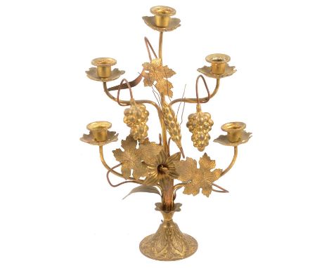 French gilt metal five light candelabra, decorated with naturalistic fruiting vines, an ear of corn, and a flowering lily on 