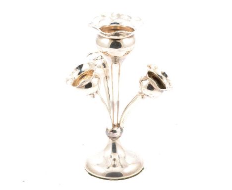 Silver epergne, marks rubbed, central vase surrounded by three flutes, circular base, weighted, 18cm.