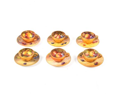 Harlequin set of six Royal Worcester fruit painted cups and saucers, various artists including Austin, Rushton, Hale, saucers