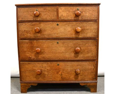 Victorian oak and mahogany chest of drawers, with two short and three long graduating drawers, turned handles, bracket feet, 