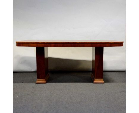 Art Deco walnut dining suite, comprising table, the top with rounded corners, removable plate glass, on two rectangular colum