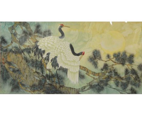 Chen Lijun, literary name Zhi Zhen, Two Cranes,signed watercolour,65x127cm,with certificate authenticating purchase from Chin