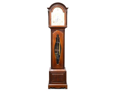 Edwardian mahogany longcase clock, arched hoos with moulded cornice and pierced sides, trunk with long arched glaazed door an