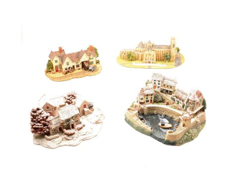 Four Lilliput Lane models - First Snow at Bluebell, Yuletide Harbour, Westminster Abbey (Commemorating the Royal Wedding of P