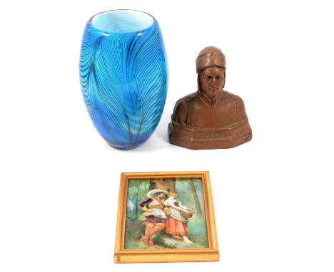 An art glass pink and green two tone dish; pair of book ends Dante and Beatrice; ceramic figures; Masons Golden Azeala 11cm g