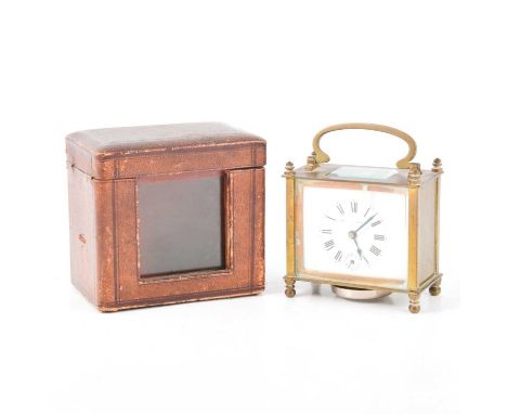 French brass carriage clock, rectangular case with enamelled dial (cracked), platform escapement, alarm movement, 10cm, leath