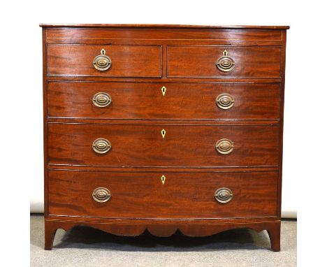 George III mahogany bow front chest of drawers, the top cross-banded with boxwood stringing, the frieze with similar stringin