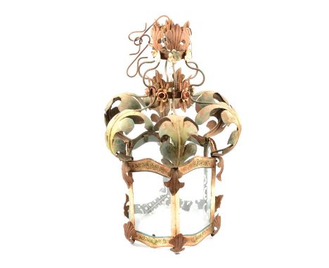 Early 20th century Continental painted metal and glass lantern, of pagoda form, the hexagonal shade with engraved panels with