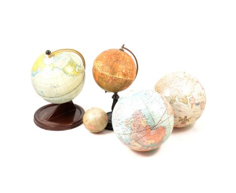 A pre-1965 Philip's 6 Inch Terrestrial Globe, on wooden stand; a Chad Valley metal globe, on metal stand; and a mobile compri