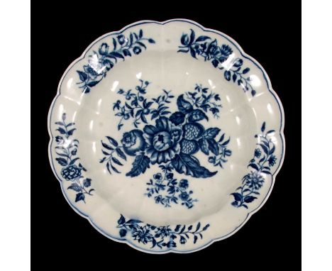 First Period Worcester blue and white lobed dish, printed Pine Cone pattern, crescent mark, diameter 23cm.Condition report:Th