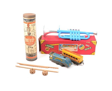 Tin plate clockwork Golden Eagle engine and a Pullman coach;Tinkertoy cylinder with wooden construction pieces; a boxed child