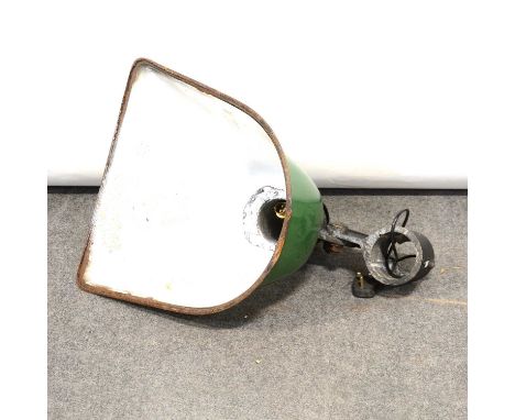 Large green enamel and cast-iron industrial salvage street or factory floodlight, by Benjamin, shade width 49cm.