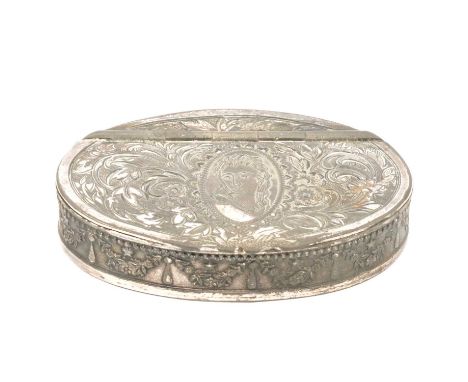 Victorian white metal engraved snuff box, oval form with hinged lid engraved with a portrait of a young woman in a central ca