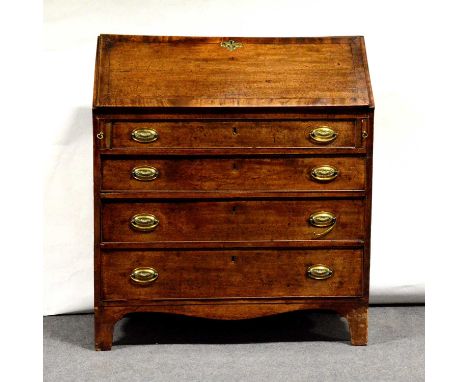 George III mahogany bureau, fall front enclosing a part-fitted interior, four long graduating drawers, bracket feet, width 93
