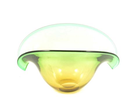 A green and yellow glass Murano 'Clam Vase', by Seguso Dalla Venezia, probably late 1950s/ early 1960s, with two polished bas