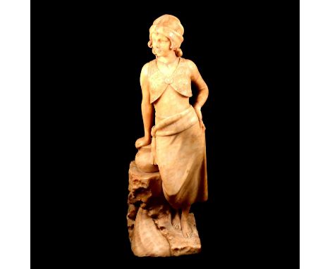 Italian Art Deco alabaster figure, signed Umberto Stiaccini, the female Romany figure modelled against an urn, old damages an