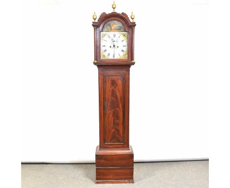 Grained pine longcase clock, arched hood with finials, engaged columns, long door, plinth base, twelve inch arched painted di