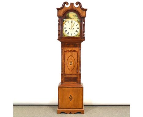 Welsh oak and mahogany longcase clock by George Sharratt-Ford, Newtown, Monmouthshire, circa 1840, the arched hood with swan 