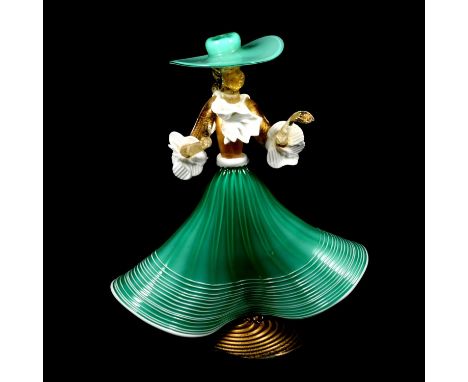 Murano glass female Courtesan figure, billowing green skirt with opaque lining and applied threads, gold aventurine inclusion