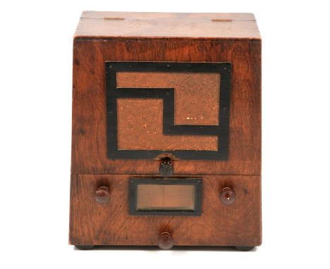 Novelty Art Deco correspondence box, in the form of a 1930s radio, the hinged cover revealing letter compartments and a calen