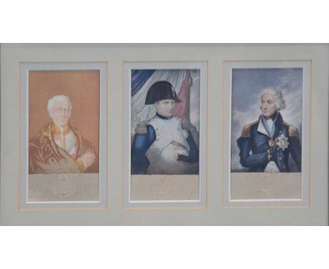Two arrangements of oval portrait watercolours, Kings and Queens of England, each 22cm; a pair of LeBlonde colour prints, fra