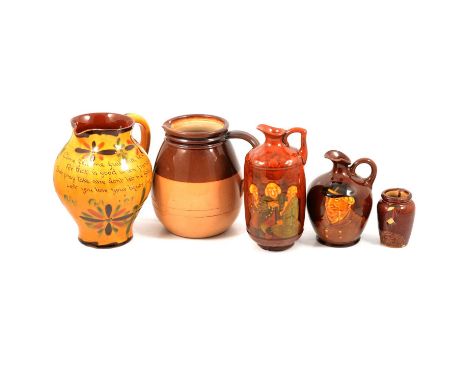 Royal Doulton treacle glazed flagon, Watson's Scotch Whisky, 22cm; Doulton Lambert stoneware 'Milk' jug; Devon slipware jug, 