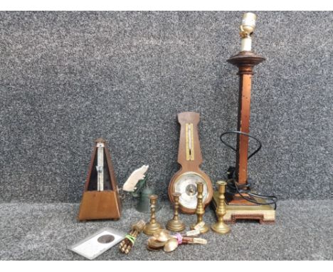 A table lamp, barometer, candlesticks etc.