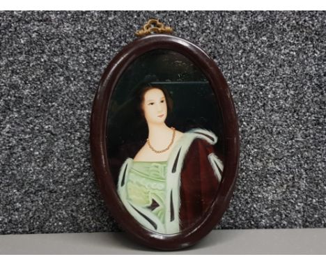 Reverse Chinese painting on glass of a lady wearing pearls and an ermine fringed cloak.