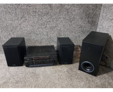 A Hitachi stereo tuner amplifier HTA-MD20, a pair of Denon speakers SC-M39, and a Bush subwoofer b-3363G