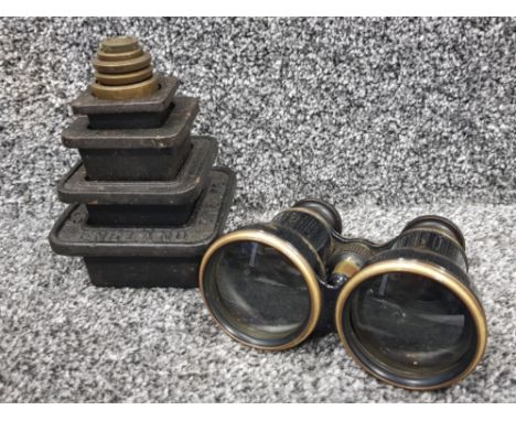 Vintage opera/theatre glasses together with 9 loose balance scales weights, various weights