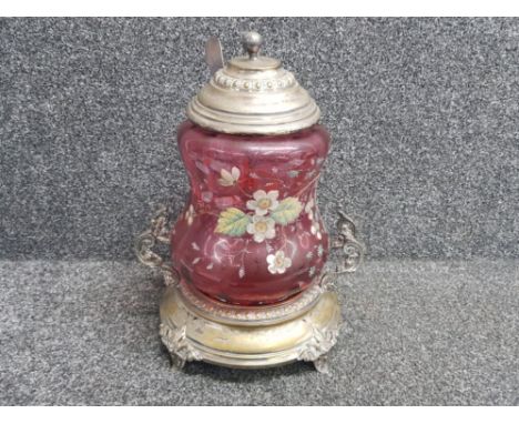 Impressive Victorian hand painted cranberry glass and silver plated punchbowl, circa 1870. The lidded bowl with hand painted 