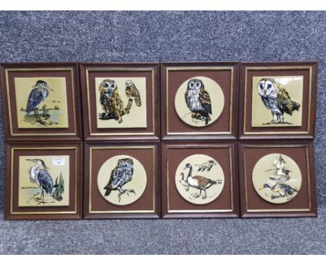 Good and complete set of eight mounted ceramic tiles framed and certified to the back by John Cutting Withersdale tiles.