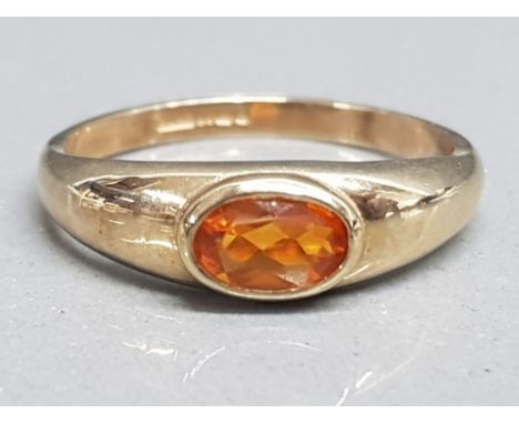 Ladies 9ct yellow gold fire opal ring featuring a oval shaped stone set in a rub over setting, size K, 1.6g gross