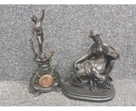 Vintage antique cast figural clock with nautical theme together with a classical bronzed figure of seated woman