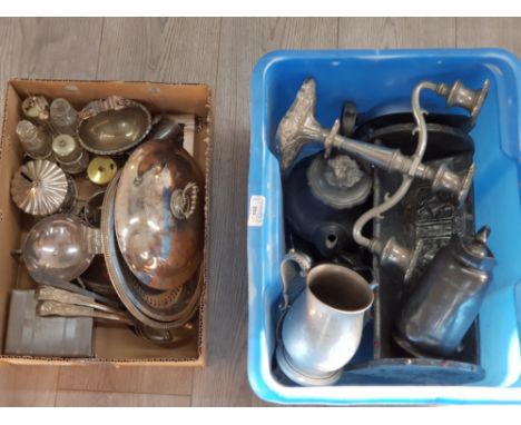 Two boxes of silver plate and other metalware including candelabra, seahorse dish, book trough, serving pieces etc.