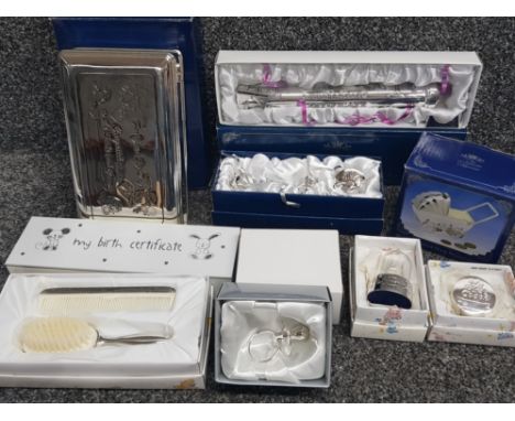 Box containing a selection of silver plated and metal items including silver plated Christening certificate holder, pram mone
