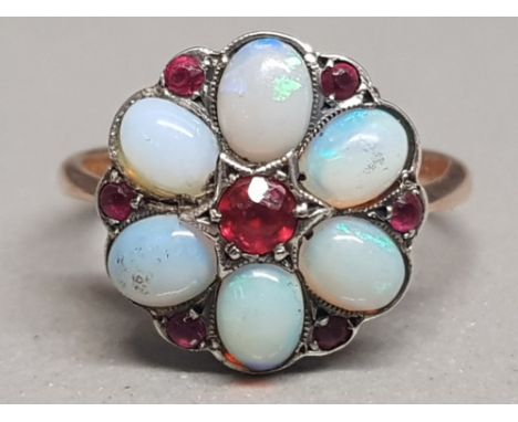 9ct gold &amp; silver opal a d garnet cluster ring, size K«, 2.4g gross