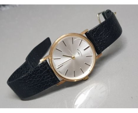 Gents 9ct gold Rotary wristwatch with black leather straps &amp; champagne dial, manual wind, engraved on the back "British R