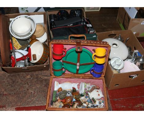 Three boxes of miscellaneous including vintage video recorders, vintage kitchenalia, silver plate, Hornsea, Portmerion, Crown