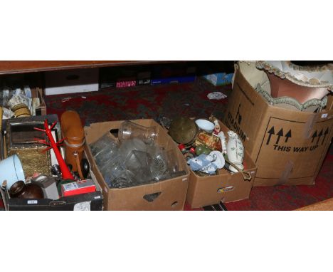 Four boxes of miscellaneous including mixed metalwares, pottery, glasswares, framed prints and vintage light shades.