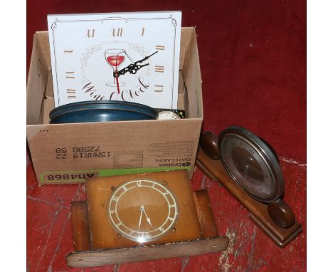 A Metamec oak cased Art Deco mantel clock and four other clocks.