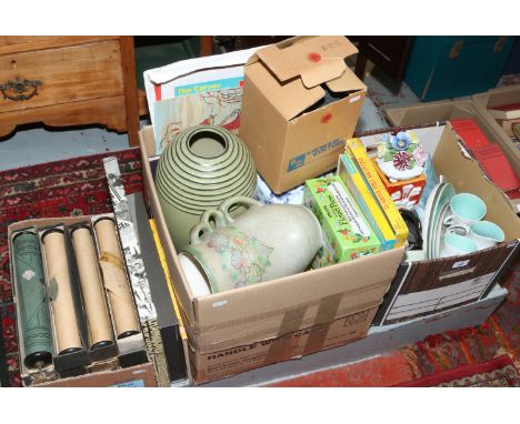 Three boxes of miscellaneous pottery and ceramics Poole cabaret tray, Pianola rolls, 8mm view editor, advertising posters, ga