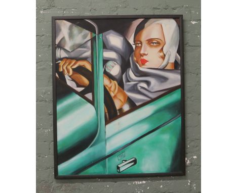 After Tamara De Lempicka. A framed Art Deco style oil on canvas, after the original "self portrait in the green Bugatti".